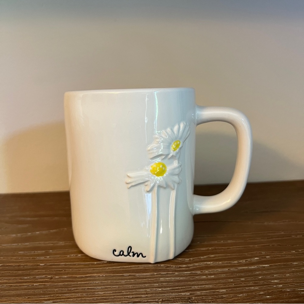 Rae Dunn White Mug with Yellow Daisy Design and Pink Interior
